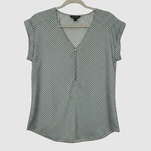 NWT Express Grey & White Polka Dot Quarter Zip V-Neck Cuffed Sleeve Blouse